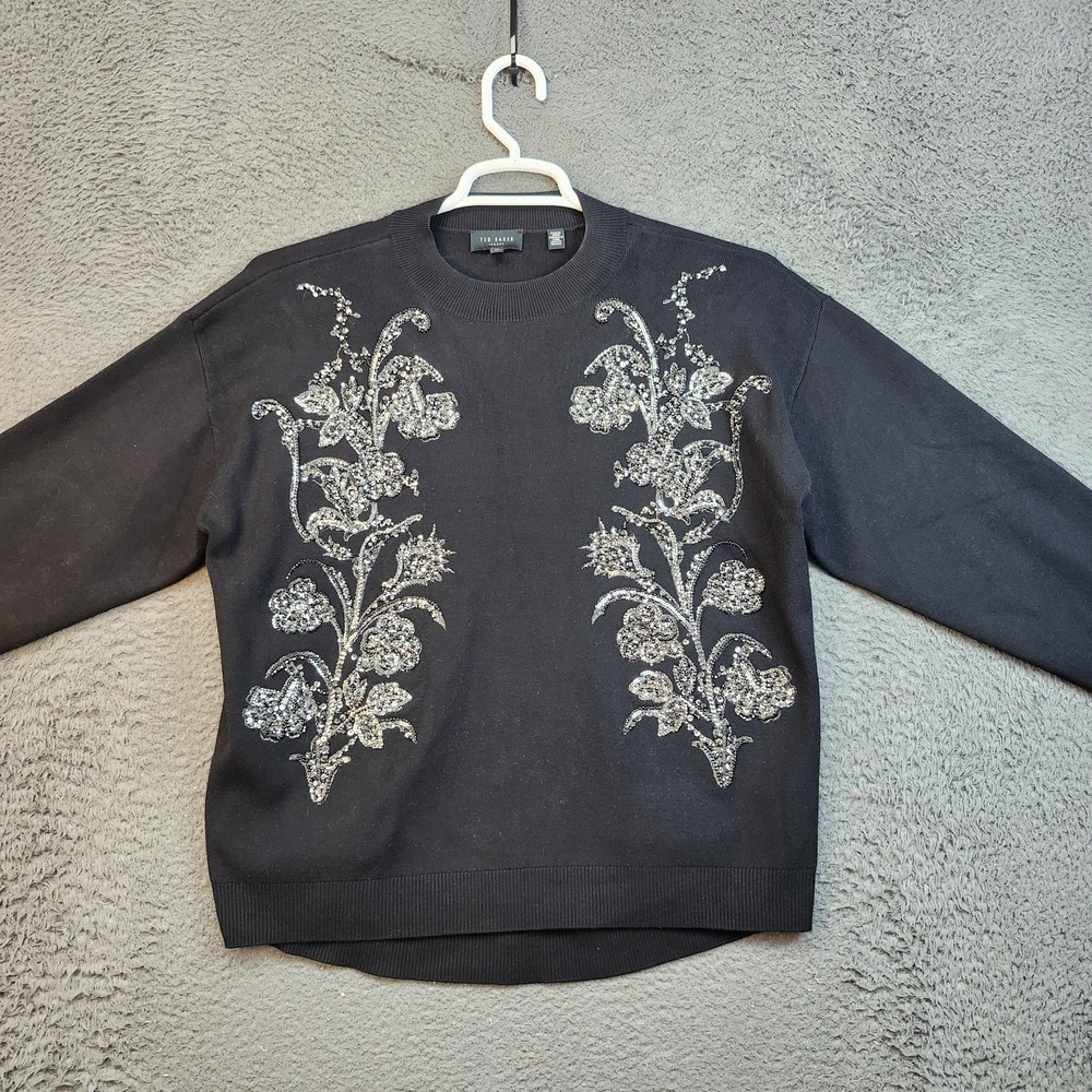 Ted Baker Black Sweater with Silver Sequin Floral Embroidery
